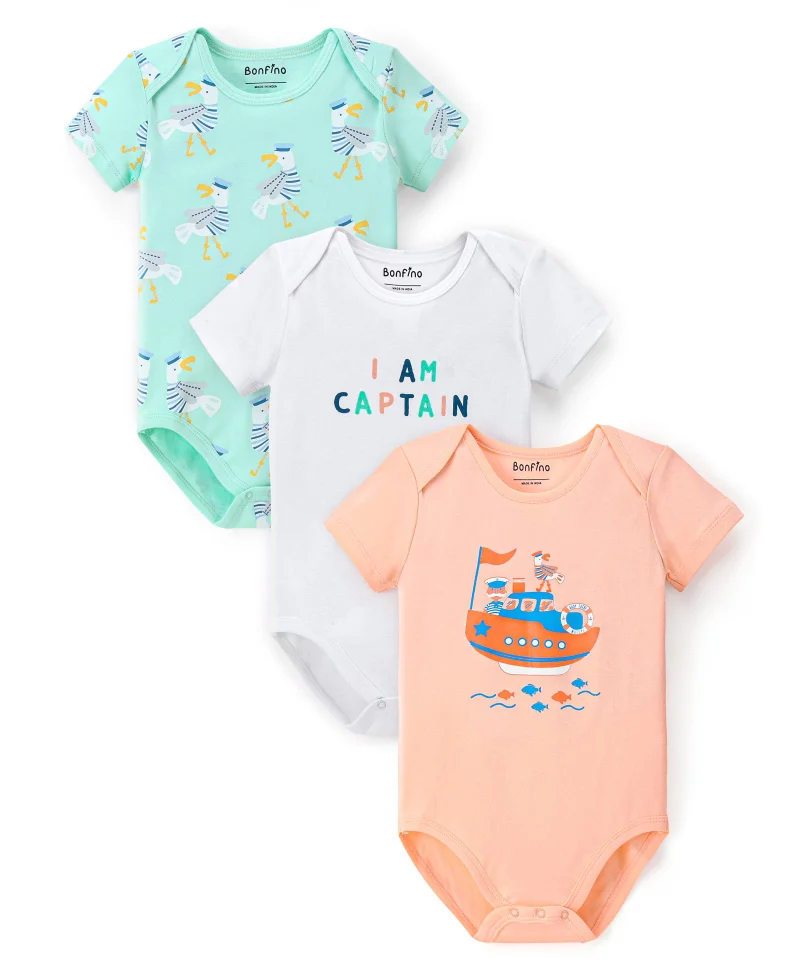 Bonfino Bonfino 100% Cotton Half Sleeves Onesie Ship & Text Print Pack Of 3-  Orange & Green