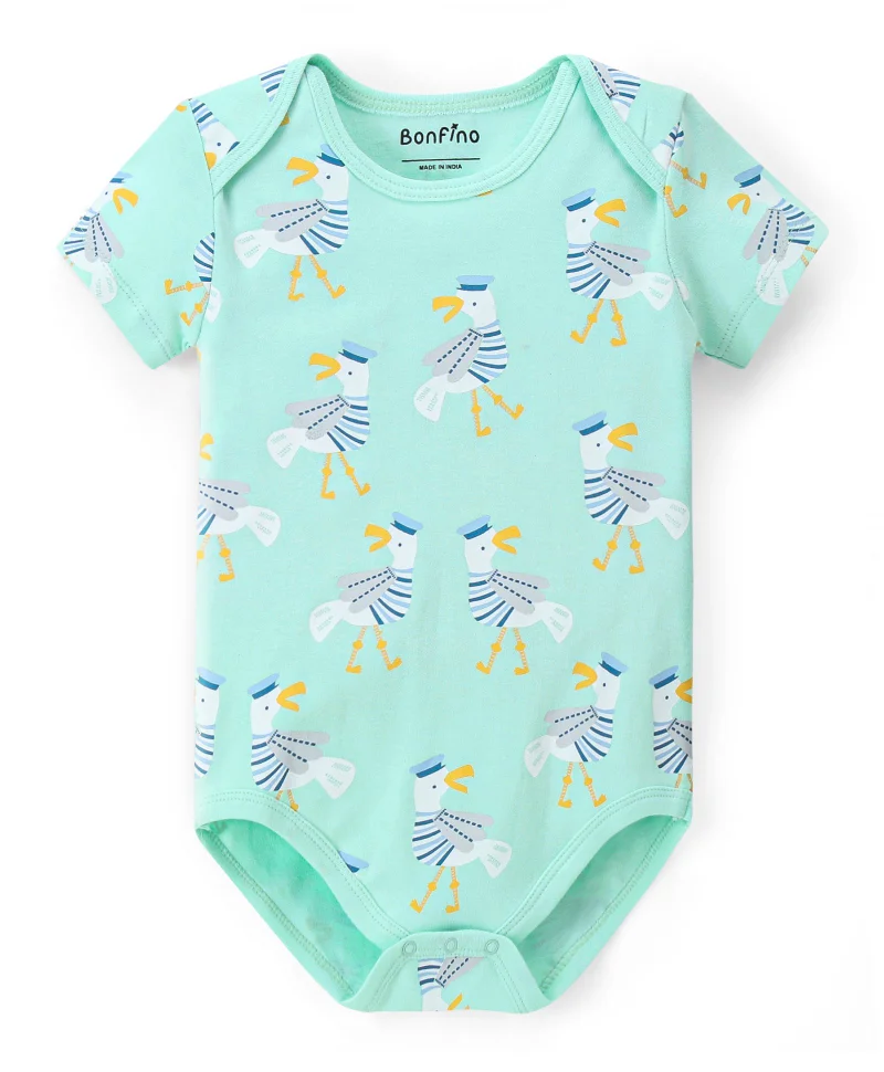 Bonfino Bonfino 100% Cotton Half Sleeves Onesie Ship & Text Print Pack Of 3-  Orange & Green