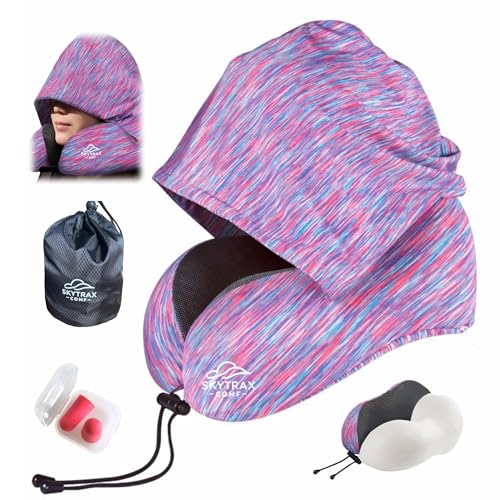 SKYTRAX COMF Travel Pillow with Extra Large Hood for Airplane Long Flights Privacy and Comfort Memory Foam with SkinFriendly Cover for Road Trip HeadNeck Support for Plane Office Cars Sleeping RestColorful - Image 1