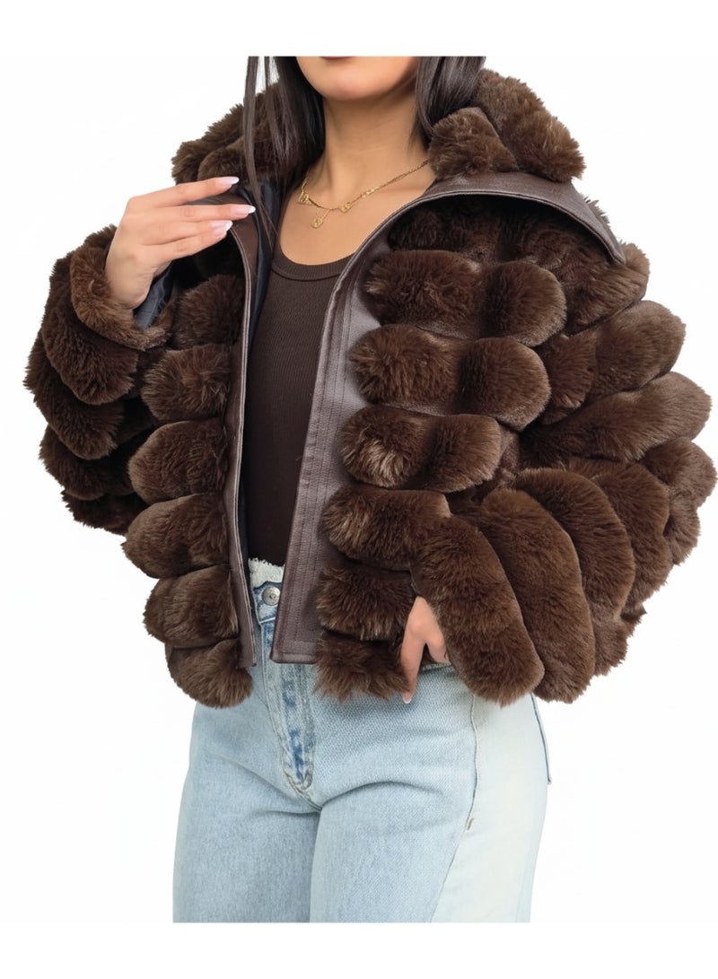 Fur-lined satin jacket with leather trim – Oversized, high-waisted design – High-quality imported material – One size fits up to 80 kg - Image 1
