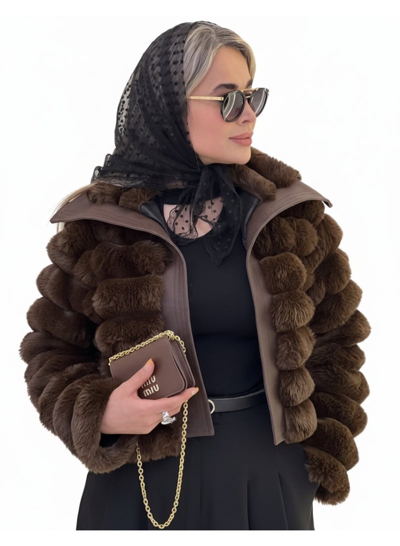 Fur-lined satin jacket with leather trim – Oversized, high-waisted design – High-quality imported material – One size fits up to 80 kg - Image 2