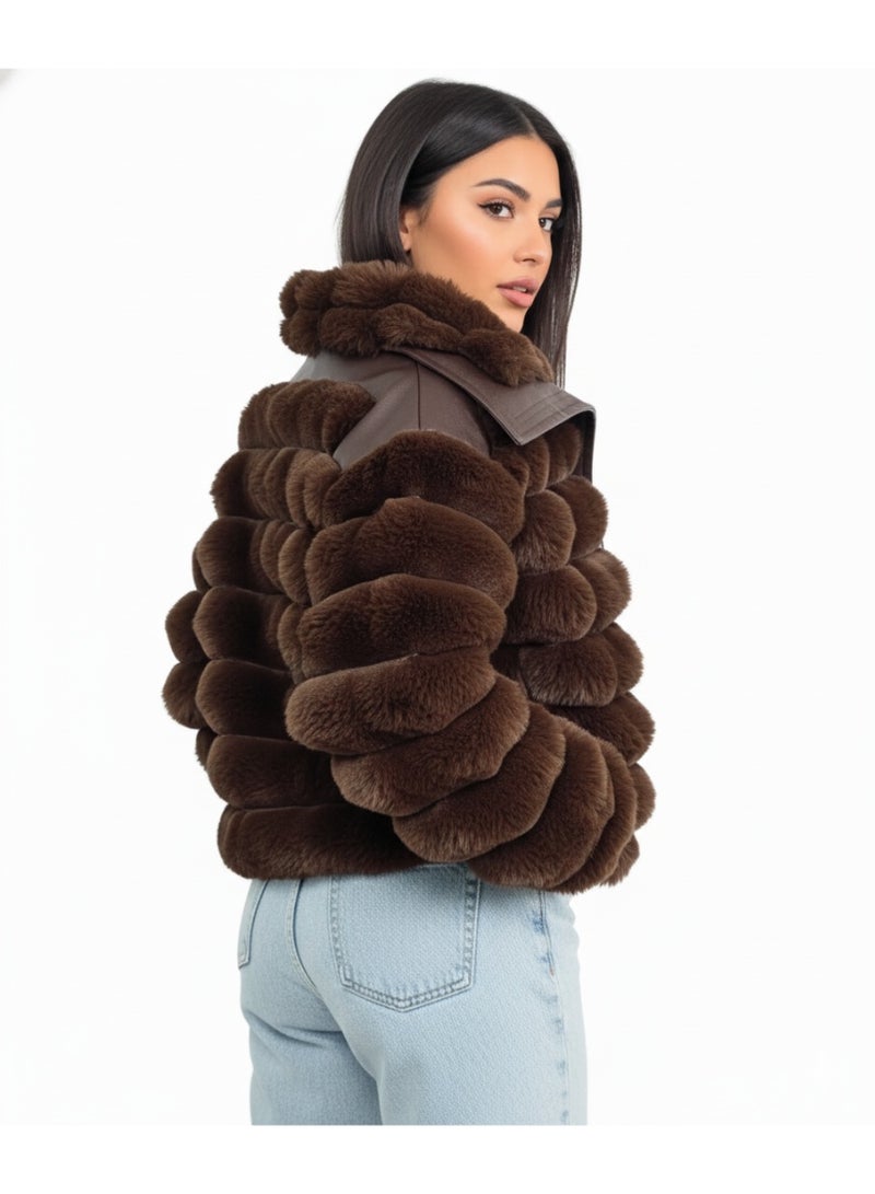 Fur-lined satin jacket with leather trim – Oversized, high-waisted design – High-quality imported material – One size fits up to 80 kg - Image 3