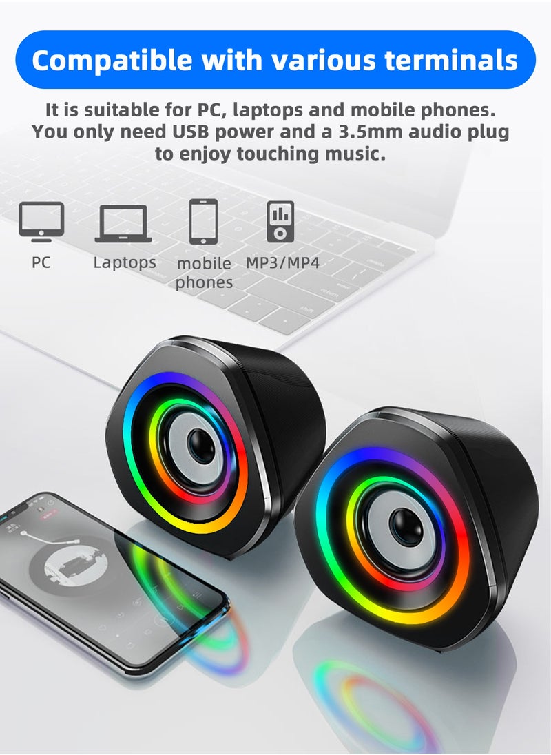 LOOPITYS - USB Computer Speakers,USB-Powered  PC Gaming Speakers for Desktop Computer Laptop and Mobile Phone USB 3.5mm Aux Input BLUE Lights Black - Image 1