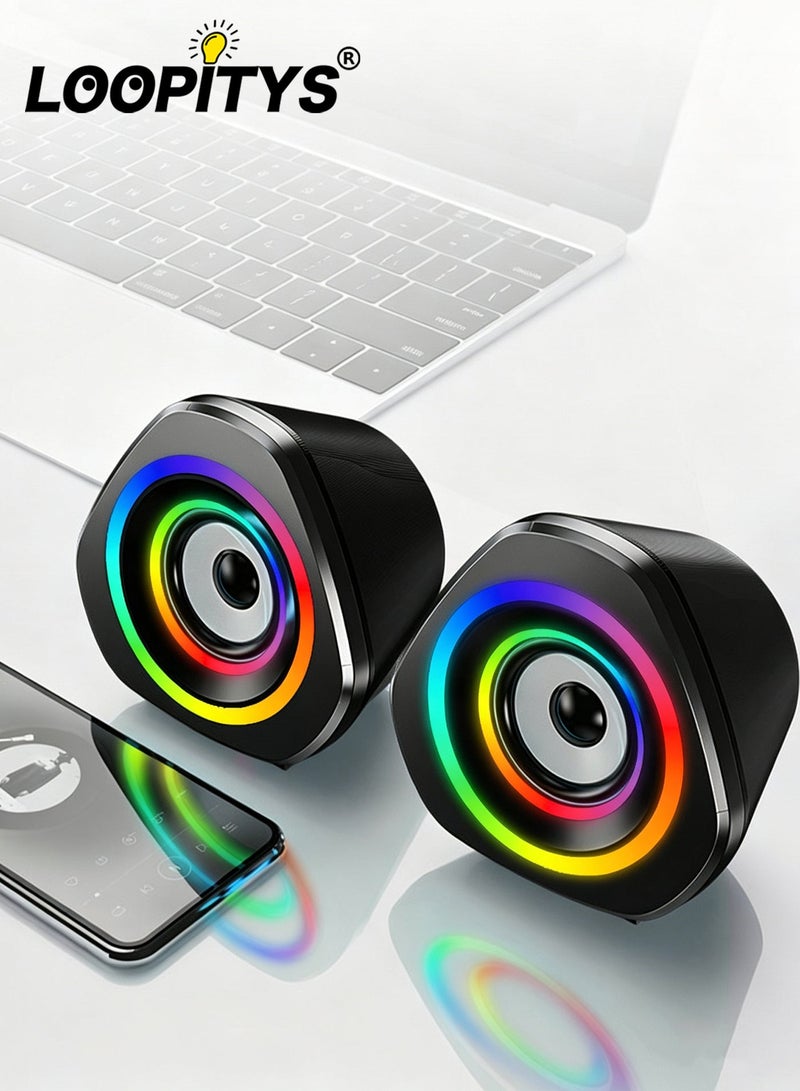 LOOPITYS USB Computer Speakers,USB-Powered  PC Gaming Speakers for Desktop Computer Laptop and Mobile Phone USB 3.5mm Aux Input BLUE Lights Black - Image 1