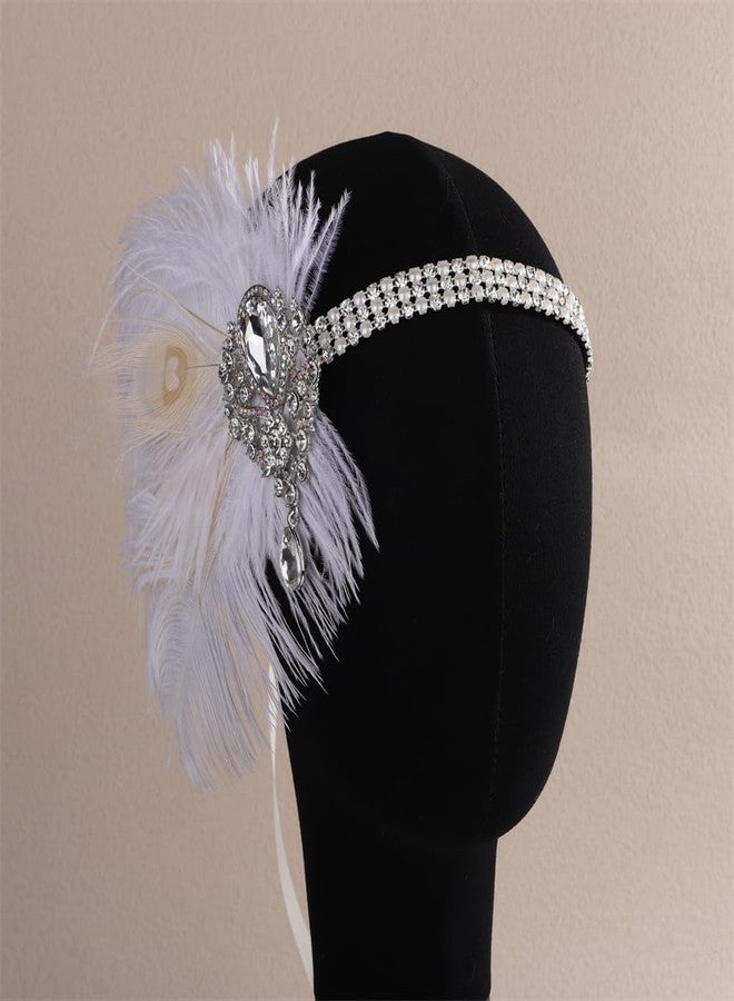 Aimimier Bridal 1920s Flapper White Feather Headband with Waterdrop Crystal Pendant Rhinestone Head Chain Roaring 20s Headpiece Halloween Vintage Hair Accessories for Women - Image 3