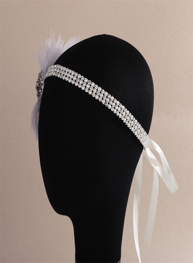 Aimimier Bridal 1920s Flapper White Feather Headband with Waterdrop Crystal Pendant Rhinestone Head Chain Roaring 20s Headpiece Halloween Vintage Hair Accessories for Women - Image 4
