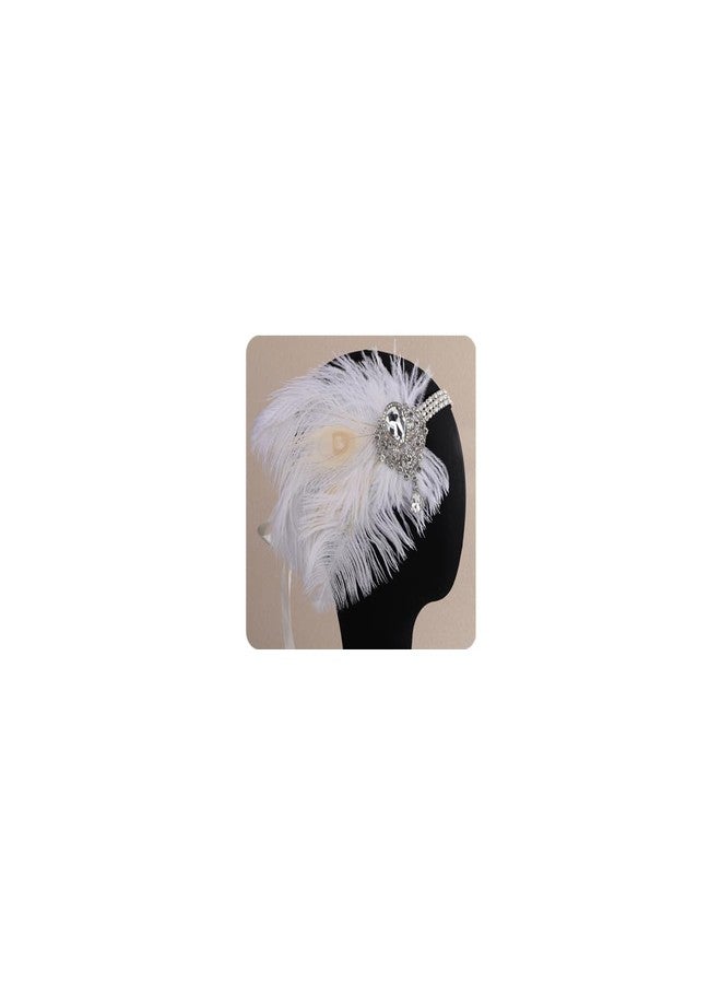 Aimimier Bridal 1920s Flapper White Feather Headband with Waterdrop Crystal Pendant Rhinestone Head Chain Roaring 20s Headpiece Halloween Vintage Hair Accessories for Women - Image 1