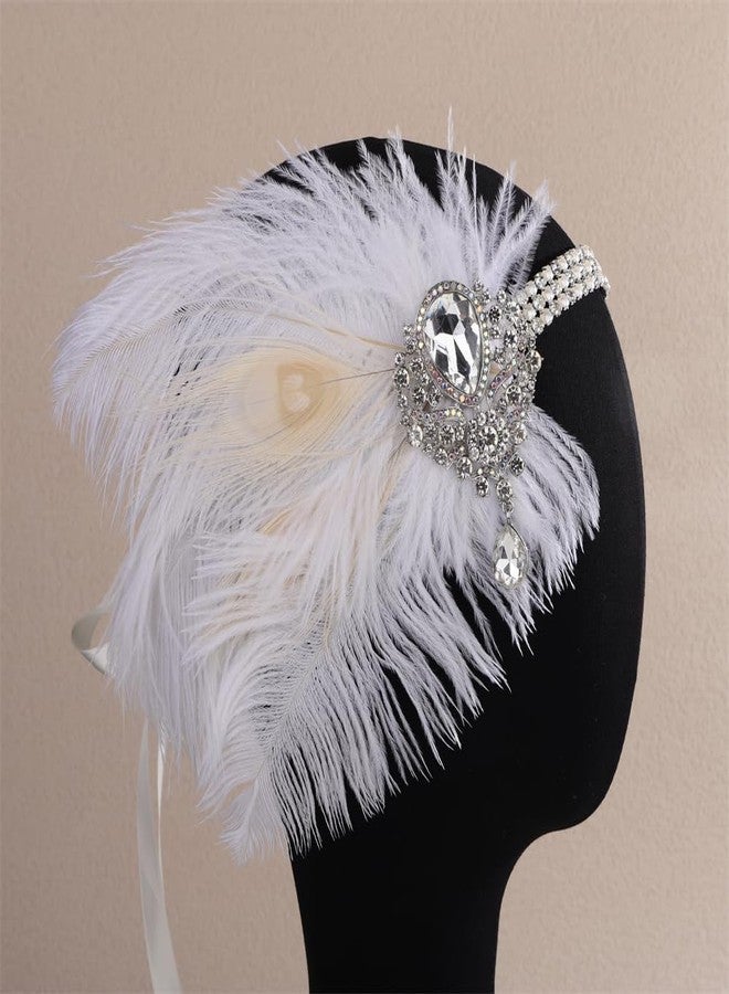 Aimimier Bridal 1920s Flapper White Feather Headband with Waterdrop Crystal Pendant Rhinestone Head Chain Roaring 20s Headpiece Halloween Vintage Hair Accessories for Women - Image 2