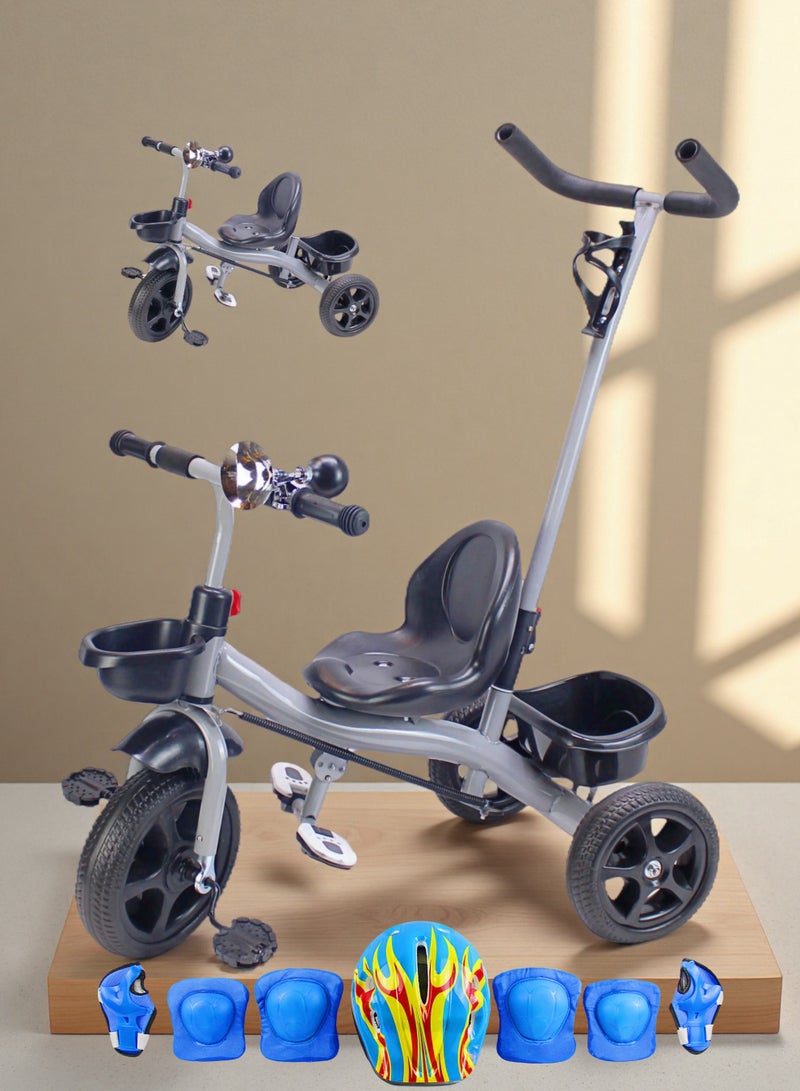 Baby Bicycle Ride-On Toy Tricycle for Kids with Parental Push Handle Kids Tricycle with Storage Basket (Grey Red Pink Can Choose) Package Include Full Protective Gear Set - Image 1