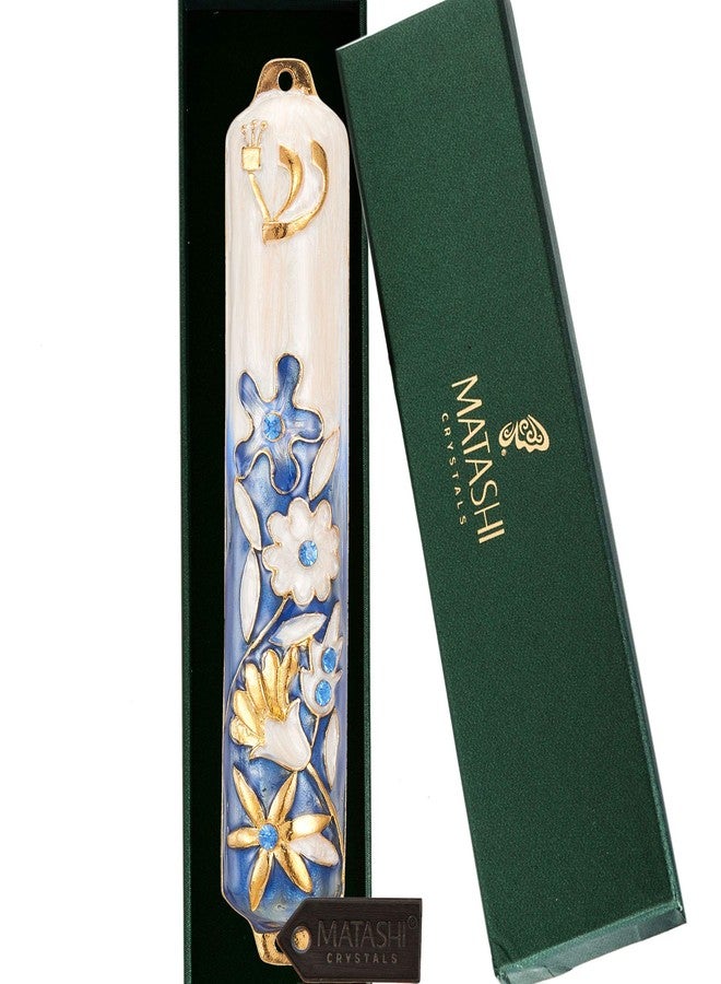 Matashi Hand Painted Blue and Ivory Enamel Flower Mezuzah Embellished with Gold Accents and Crystals Home Door Wall Decor Housewarming Present Gift for Festival(5.5 inch) - Image 2