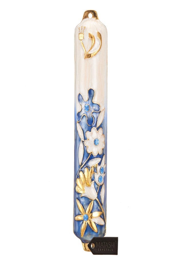 Matashi Hand Painted Blue and Ivory Enamel Flower Mezuzah Embellished with Gold Accents and Crystals Home Door Wall Decor Housewarming Present Gift for Festival(5.5 inch) - Image 1