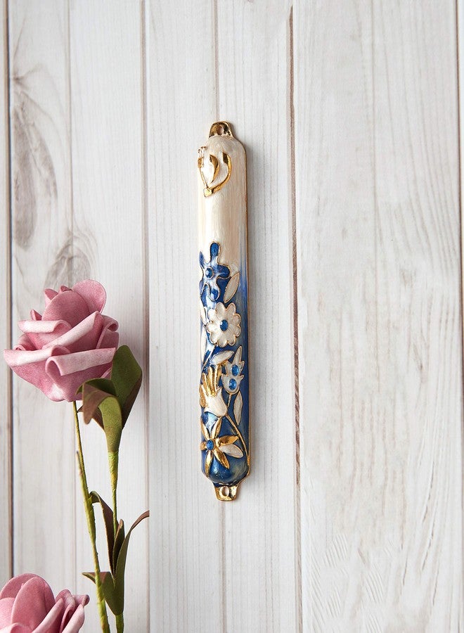 Matashi Hand Painted Blue and Ivory Enamel Flower Mezuzah Embellished with Gold Accents and Crystals Home Door Wall Decor Housewarming Present Gift for Festival(5.5 inch) - Image 3