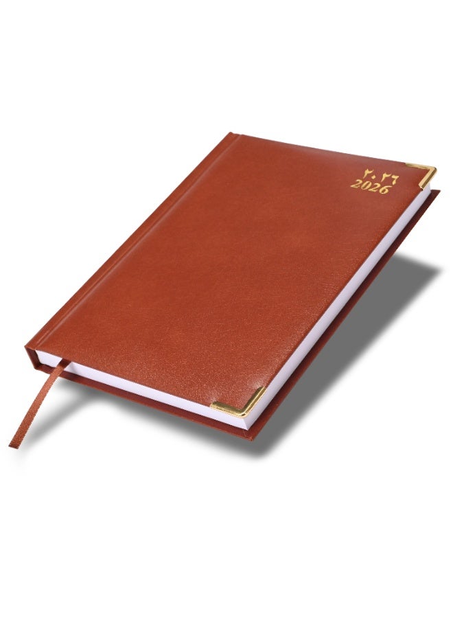 FIS 2026 A5 Diary, 148x210mm Size, 1 Side Padded Vinyl Cover, 1 Day a Page Format, Golden Corners, 60gsm White Paper, English/Arabic, Brown Cover-FSDI22AE26BR - Image 1