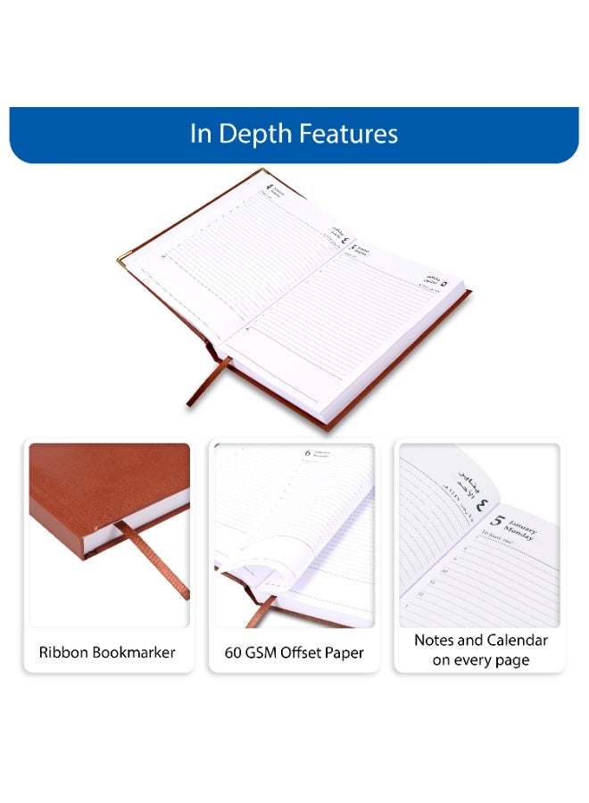 FIS 2026 A5 Diary, 148x210mm Size, 1 Side Padded Vinyl Cover, 1 Day a Page Format, Golden Corners, 60gsm White Paper, English/Arabic, Brown Cover-FSDI22AE26BR - Image 5
