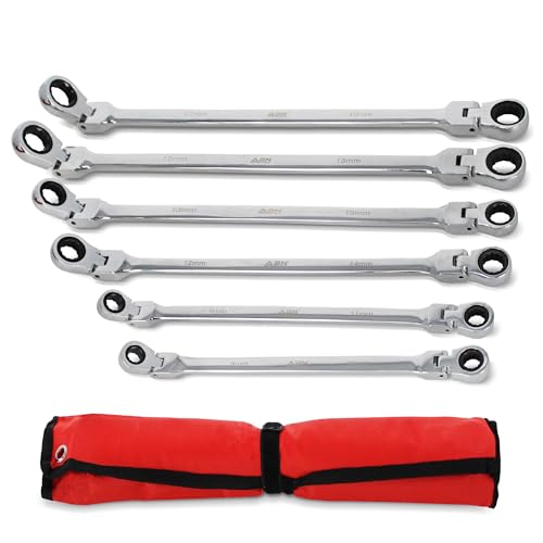 ABN Flex Head Ratcheting Wrench Set - 6pc Double Box End Wrench Set 8 to 19mm Laser Etched Steel Wrenches - Image 1