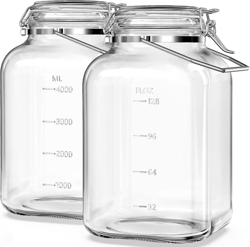 Folinstall 2 Pack 1.5 Gallon Glass Jar with Airtight Lid, 192 oz Square Wide Mouth Mason Jars with Stainless Steel Handle, Large Glass Storage Containers for Canning, Flour, Sugar, Rice, Pickled Eggs - Image 1