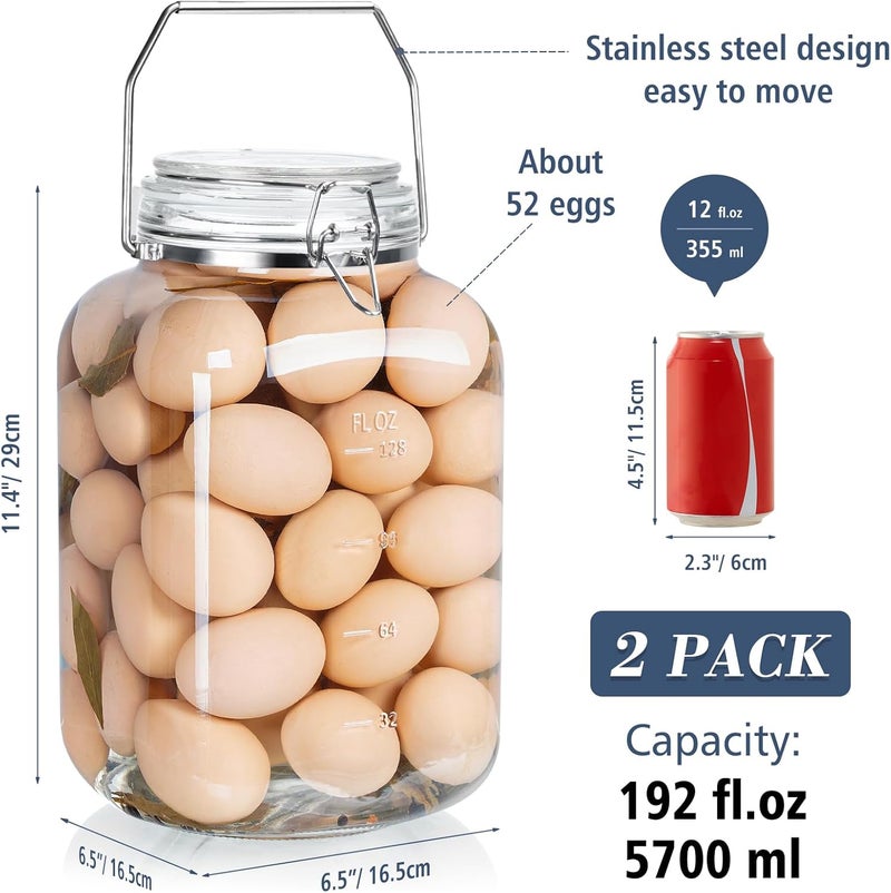 Folinstall 2 Pack 1.5 Gallon Glass Jar with Airtight Lid, 192 oz Square Wide Mouth Mason Jars with Stainless Steel Handle, Large Glass Storage Containers for Canning, Flour, Sugar, Rice, Pickled Eggs - Image 4