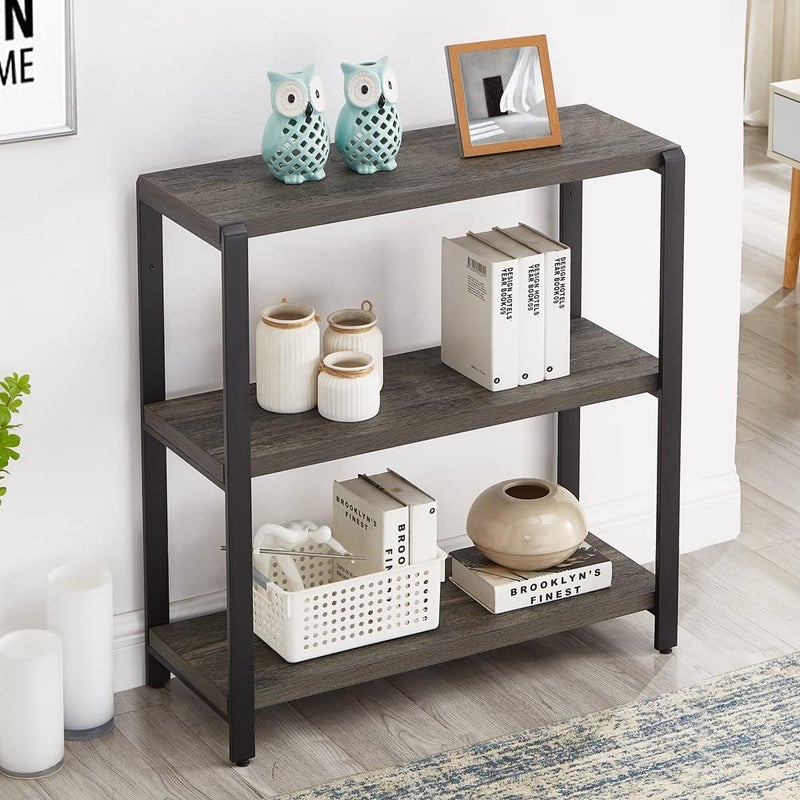 EXCEFUR Bookshelf and Bookcase 3 Tier Vintage Shelf for Office Rustic Wood and Metal Book Shelves Grey