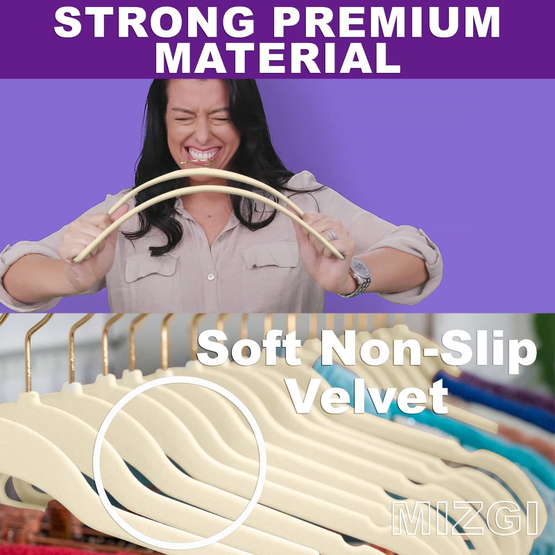 MIZGI Premium Velvet Hangers Pack 60 Pcs Heavyduty - Non Slip Slimline - Velvet Suit Hangers Ivory - Gold Hooks,Space Saving Clothes Hangers - Image 2