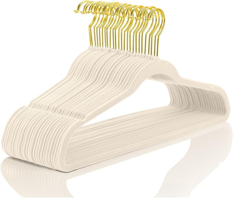 MIZGI Premium Velvet Hangers Pack 60 Pcs Heavyduty - Non Slip Slimline - Velvet Suit Hangers Ivory - Gold Hooks,Space Saving Clothes Hangers - Image 1
