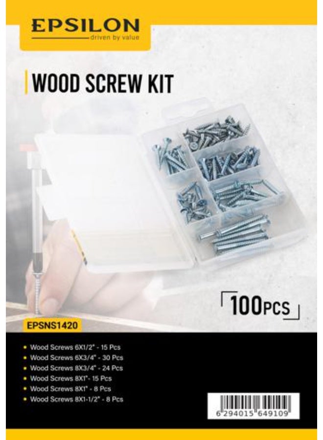 Epsilon Wood Screw Kit EPSNS1420 - 100 Piece Assorted Wood Screw Set for DIY, Woodworking, Carpentry & Home Repairs - Includes 6x1/2", 6x3/4", 8x3/4", 8x1" & 8x1-1/2" Screws - Silver - Image 1