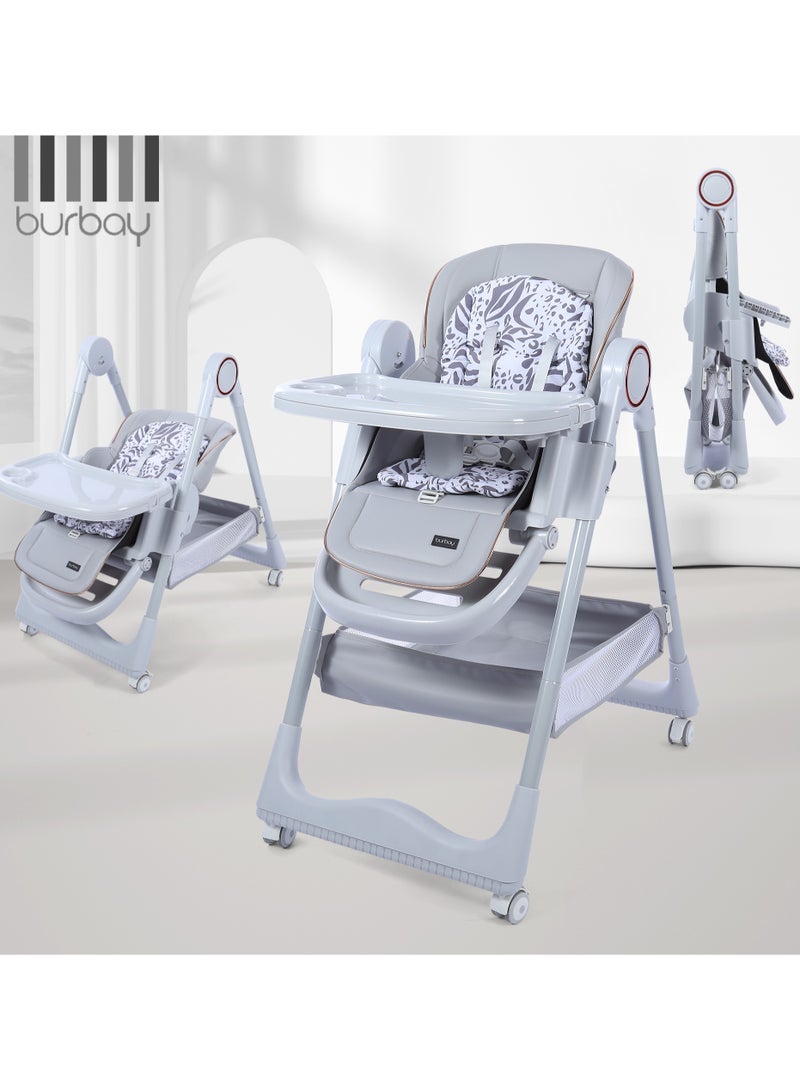 burbay Dining chair 3*1 sitting and sleeping positions, adjustable in height and foldable, equipped with a food tray and leg rest, gray color  - Image 1