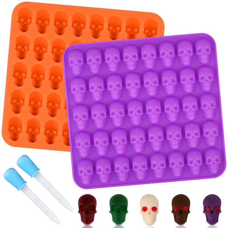 Sakolla 2 Pack Gummy Skull Candy Silicone Molds 40 Cavity Silicone Skull Molds with 2 Droppers for Halloween Chocolate, Candy,Jelly, Wax Melt, Dog Treats, Ice Cube - Image 1