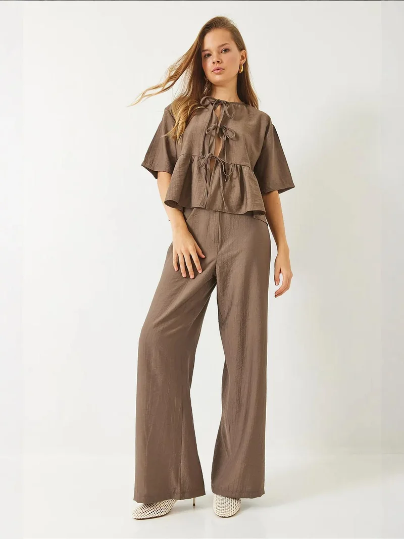 Bianco Lucci LUCCI Textured Two-Piece Coord Set with Ruffle Detail