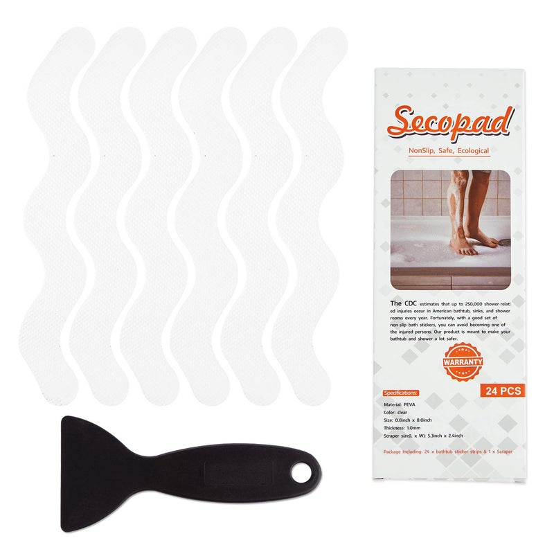 Secopad USA Patented Anti Slip Shower Stickers 24 PCS Safety Bathtub Strips Adhesive Decals with Premium Scraper for Bath Tub Shower Stairs Ladders Boats White