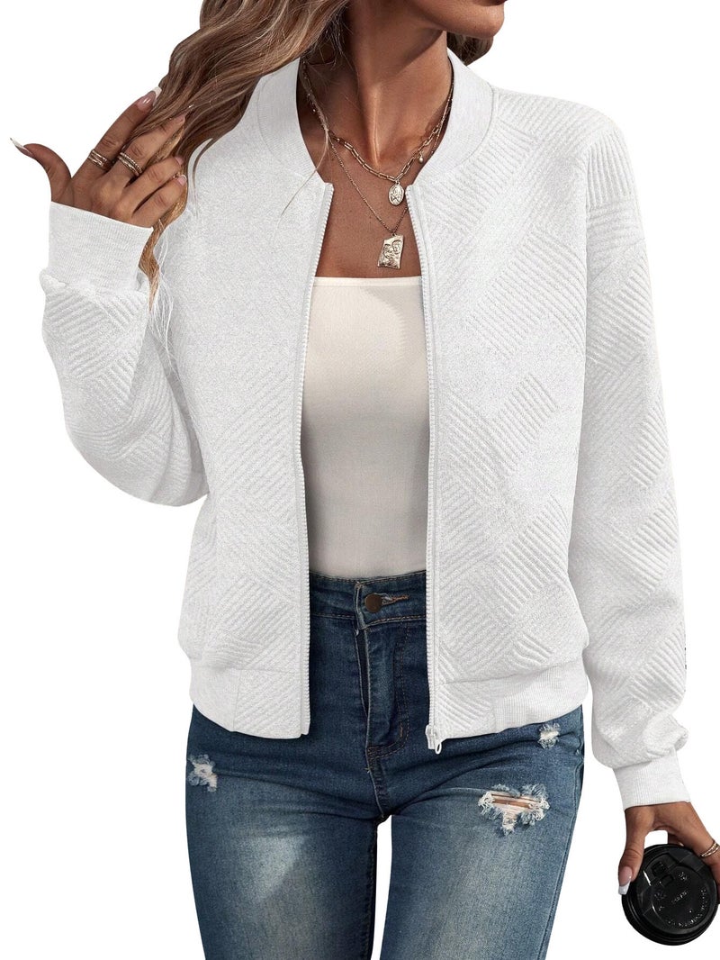 Amazon European and American Cross-border Export 2024 Autumn and Winter New Pure Color Zipper Jacket Baseball Collar Casual Long-sleeved Jacket White 