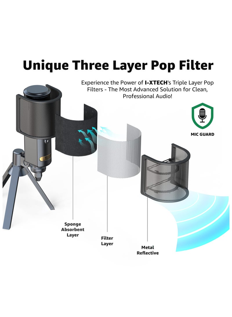 Microphone Pop Filter, Mic Pop Screen with Metal Mesh, Handheld Mic Windscreen Cover Pop Shield, Noise Shield Microphone Accessories for Podcasts Recording Vlogging Streaming