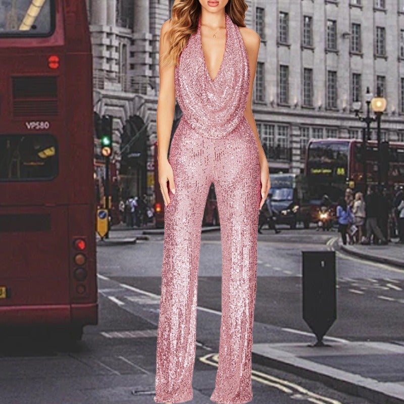 Women's Sleeveless Halter Sequin Jumpsuit - High Waist Straight Leg One Piece, Elegant Office & Evening Wear