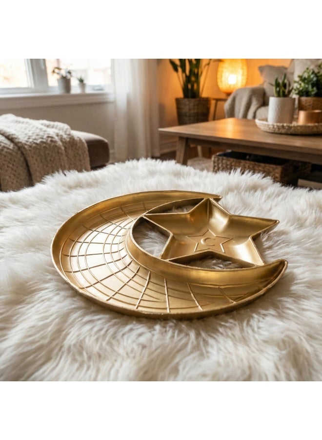 Ramadan Snack Serving Plate in Crescent & Star Shape for Dates, Nuts and Yameesh, Gold – Decorative Hospitality Dish for Iftar/Suhoor Table and Coffee Corner - Image 2