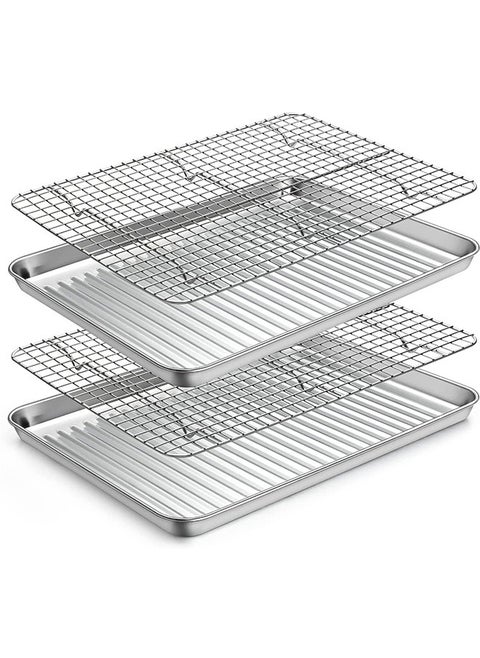 Stainless steel baking sheet with rack set [2 pans + 2 racks], cookie sheet with cooling rack, size 31.5 * 24.5 * 2.5cm, non toxic & heavy duty & easy clean