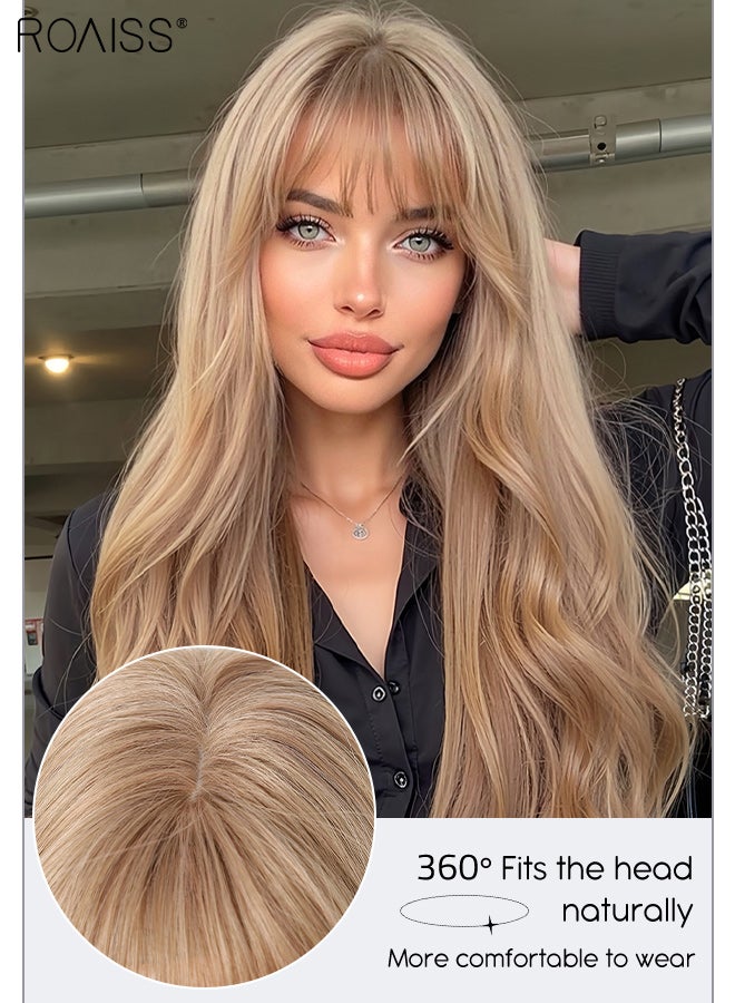 رويس شعر مستعار بني طويل مموج مع غرة، شعر مستعار صناعي ناعم طبيعي مقاوم للحرارة للنساء مع غرة لحفلات الزفاف والتنكر والارتداء اليومي، 76 سم (30 بوصة) - Image 4