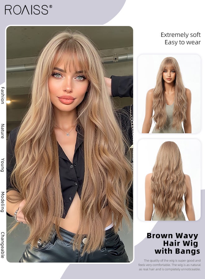 رويس شعر مستعار بني طويل مموج مع غرة، شعر مستعار صناعي ناعم طبيعي مقاوم للحرارة للنساء مع غرة لحفلات الزفاف والتنكر والارتداء اليومي، 76 سم (30 بوصة) - Image 1