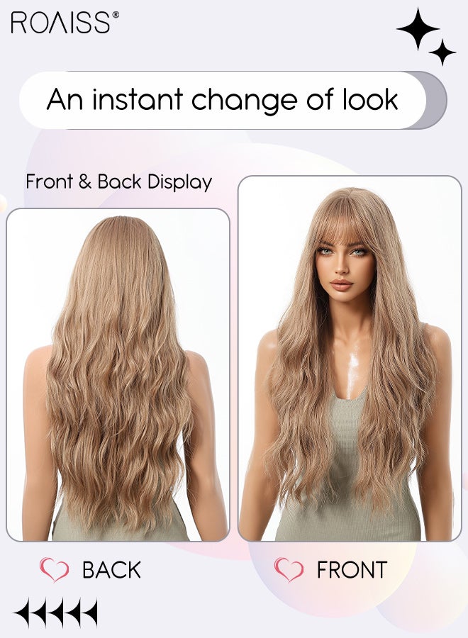 رويس شعر مستعار بني طويل مموج مع غرة، شعر مستعار صناعي ناعم طبيعي مقاوم للحرارة للنساء مع غرة لحفلات الزفاف والتنكر والارتداء اليومي، 76 سم (30 بوصة) - Image 2