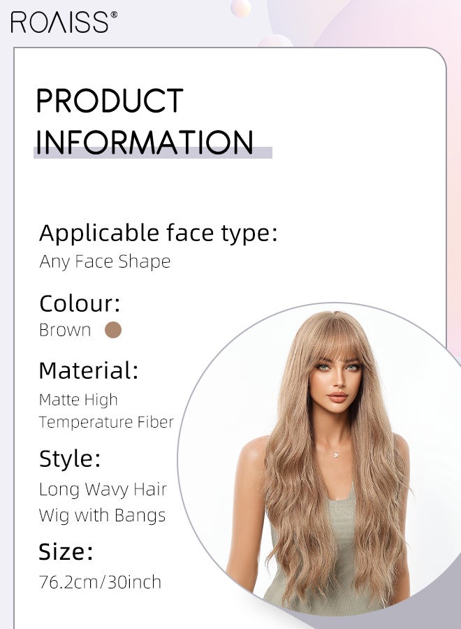 رويس شعر مستعار بني طويل مموج مع غرة، شعر مستعار صناعي ناعم طبيعي مقاوم للحرارة للنساء مع غرة لحفلات الزفاف والتنكر والارتداء اليومي، 76 سم (30 بوصة) - Image 3
