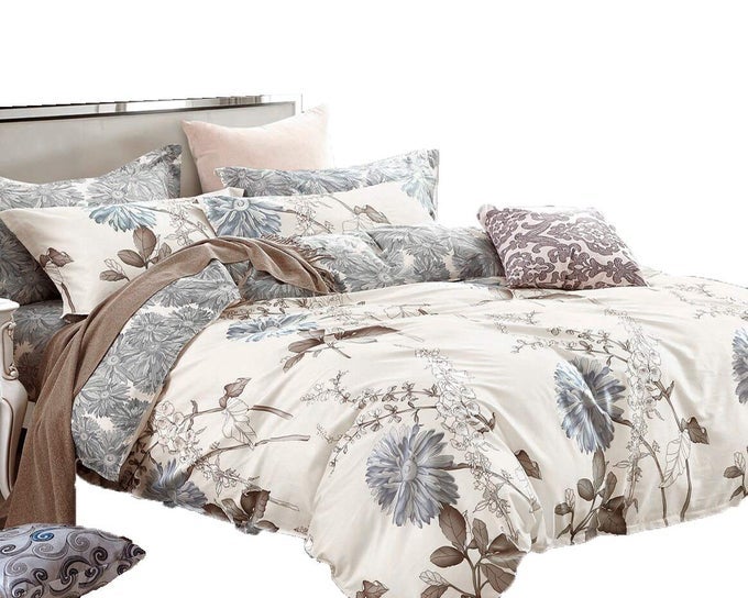 DAISY SILHOUETTE REVERSIBLE FLORAL PRINT 5PIECE 100 COTTON BEDDING SET DUVET COVER TWO PILLOWCASES AND TWO PILLOW SHAMS KING