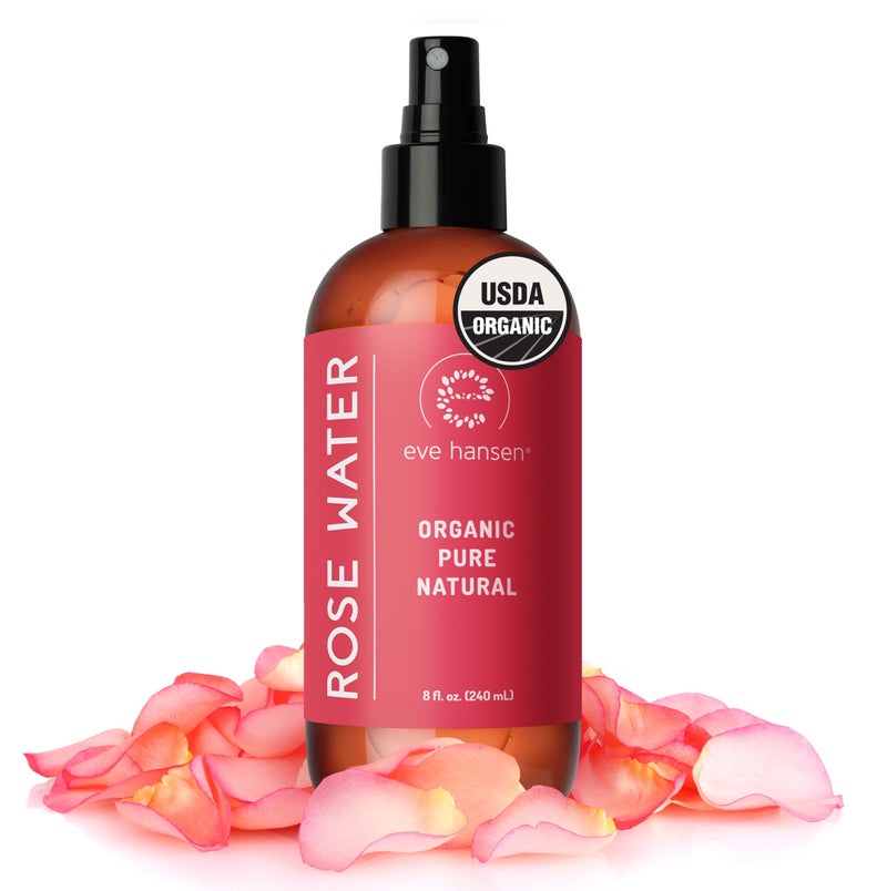 Eve Hansen Organic Rose Water Spray for Face  Huge 8 oz Moroccan Rosewater Face Toner and Makeup Setting Spray  Soothing Neck and Face Mist to Reduce Eye Puffiness Dark Circles and Redness
