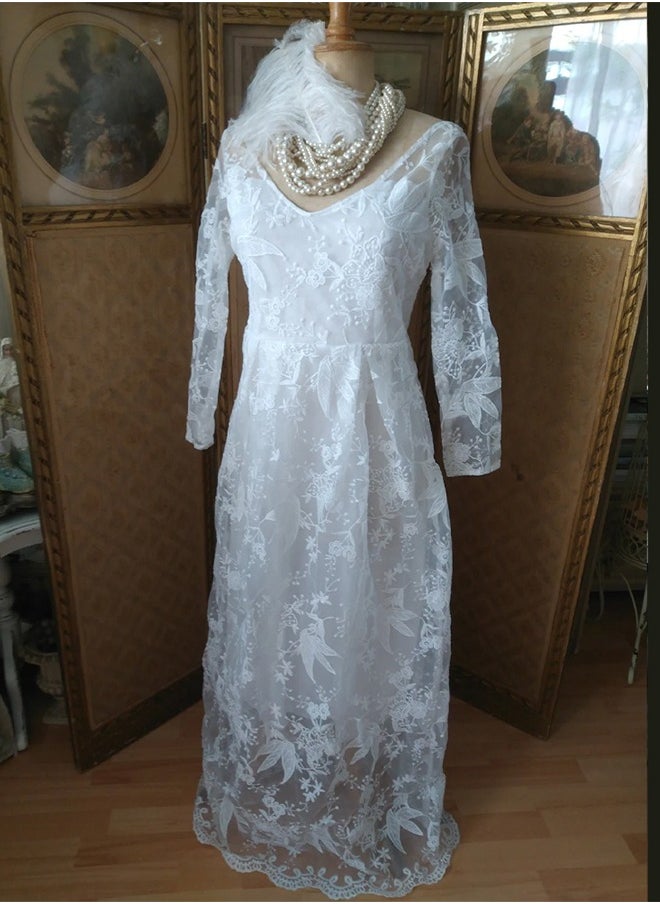 MARGOUN Medium Size Women's Elegant Luxury Pure White Lace Tulle Long Sleeve One Shoulder Wedding Dress Bride Gown Full Sleeve A-Line Wedding Dress/SC8801  - Image 1