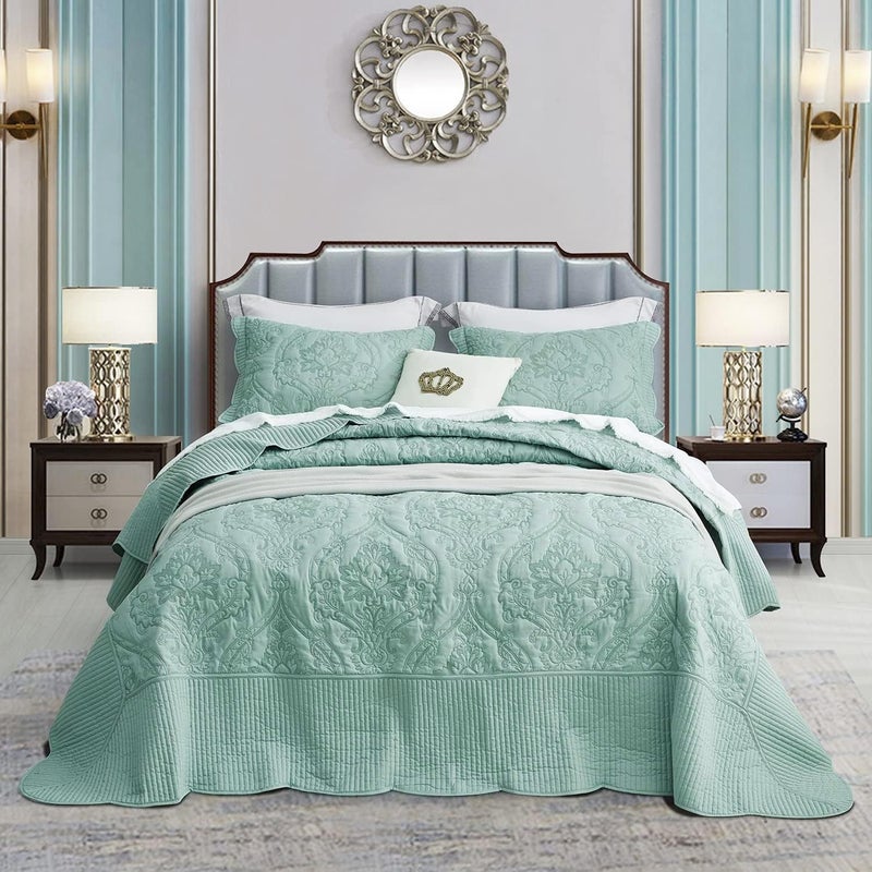 CHIXIN Oversized Bedspread Coverlet Set King Size  Lightweight Bedding Cover  Beautiful Stitching  4 Piece Reversible Bedspread  Gorgeous Damask Paisley Pattern King Seaglass