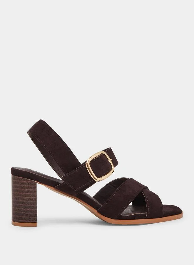 Styli Brown Cross Strap Block Heel Sandals