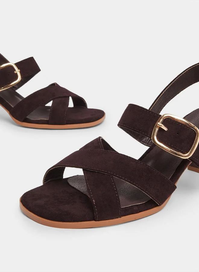 Styli Brown Brown Cross Strap Block Heel Sandals for Women | Best Price UAE