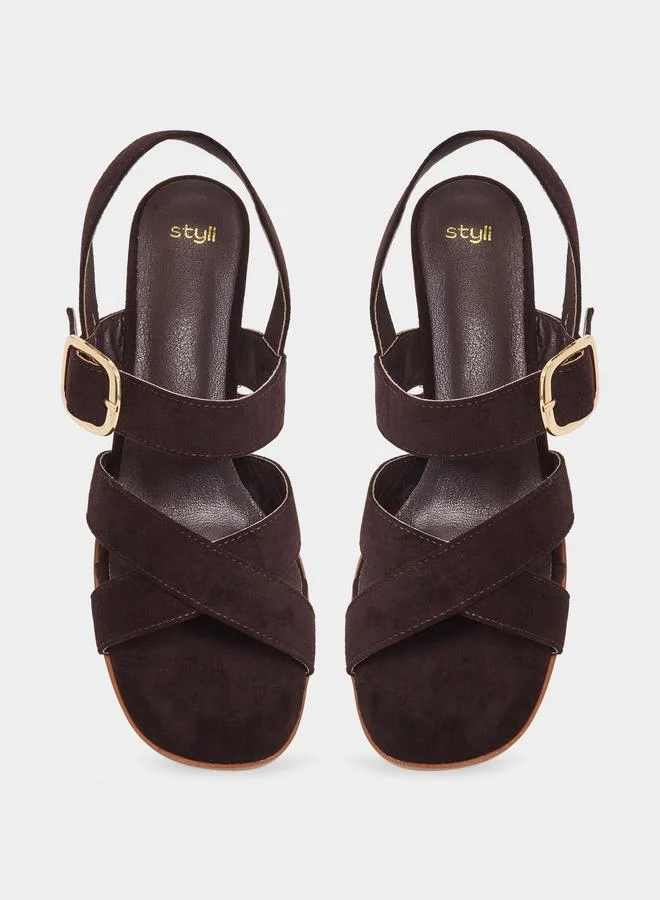 Styli Brown Brown Cross Strap Block Heel Sandals for Women | Best Price UAE