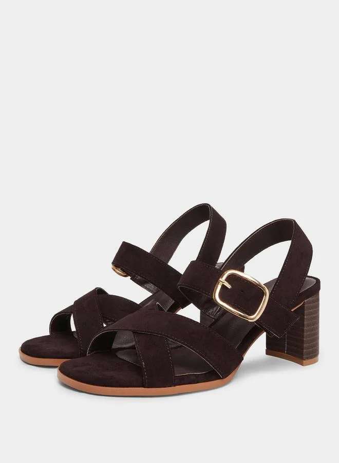 Styli Brown Cross Strap Block Heel Sandals