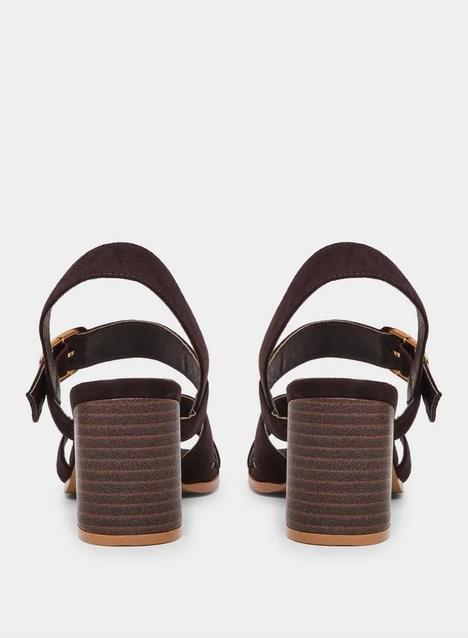 Styli Brown Brown Cross Strap Block Heel Sandals for Women | Best Price UAE