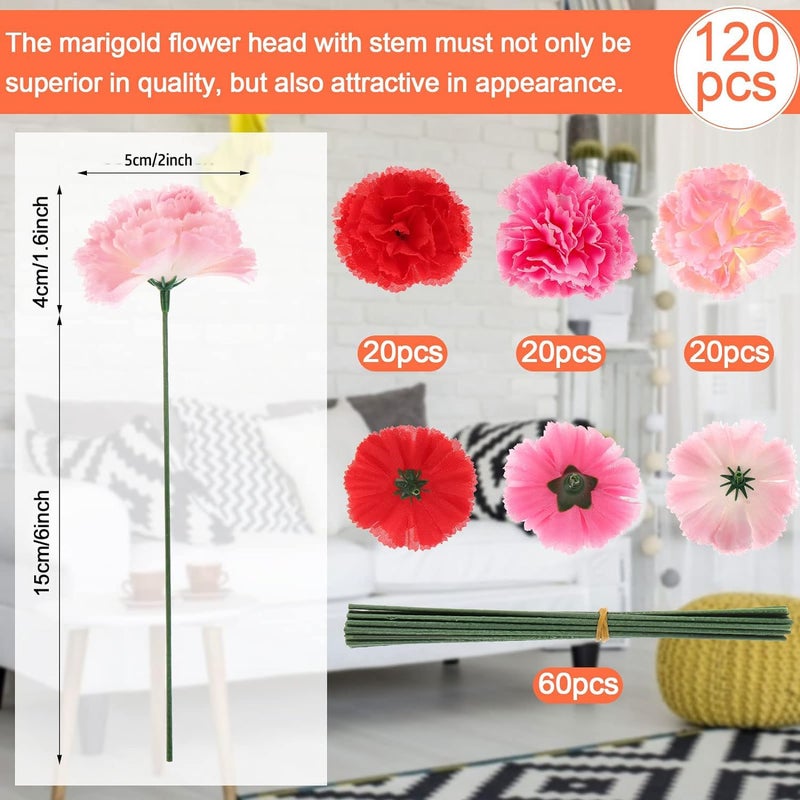 TBoxBo 120 Pack Artificial Carnations with Stems Leaves Eternal Blossom Silk Carnation Flower Artificial Pom Pom Mini Hydrangea Birthday Party for Home, Wedding(Scarlet, Pink, Light Pink) 5g6e8t1sm19 - Image 2