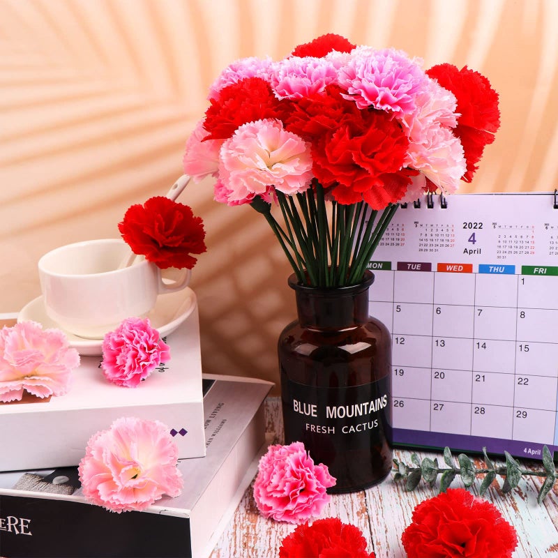 TBoxBo 120 Pack Artificial Carnations with Stems Leaves Eternal Blossom Silk Carnation Flower Artificial Pom Pom Mini Hydrangea Birthday Party for Home, Wedding(Scarlet, Pink, Light Pink) 5g6e8t1sm19 - Image 4