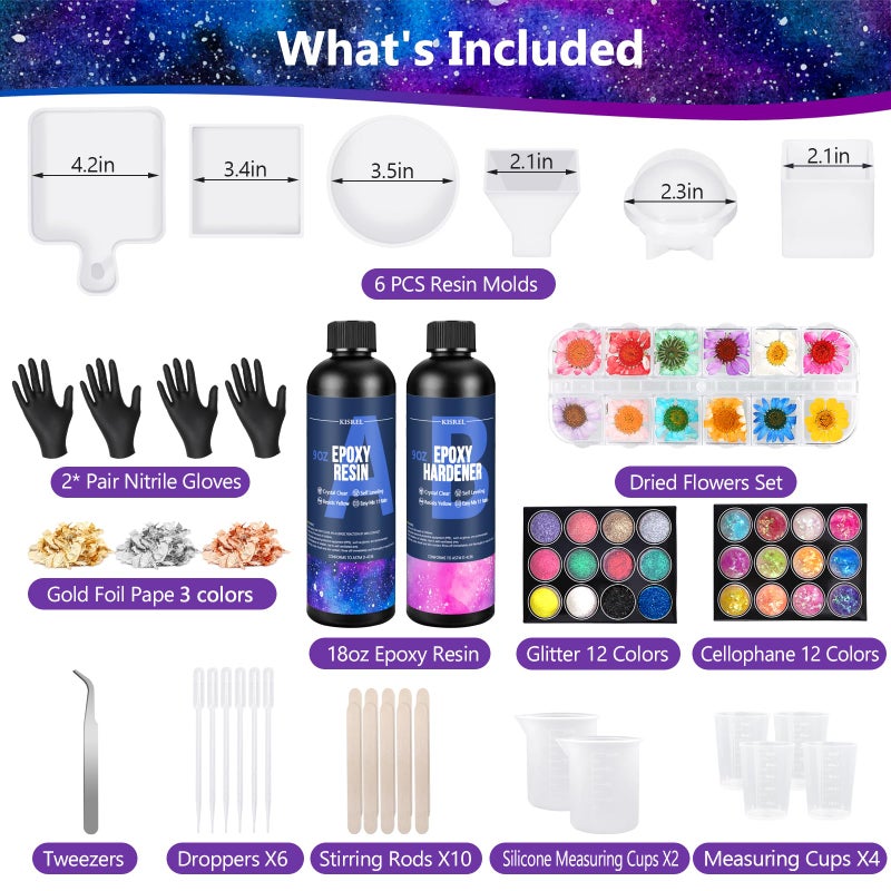 KISREL Epoxy Resin Kit for Beginners, Resin Kit with Molds, 18OZ Epoxy Kit with Dried Flowers, Measuring Cups and Resina Supplies - Image 2